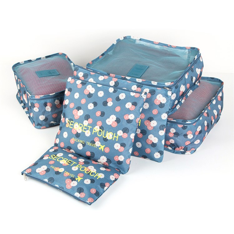 TRAVEL SEASON 6Pcs (3 Cubes 3 Pouches) Travel Essential Storage Bags Organizer - Blue Floral-2