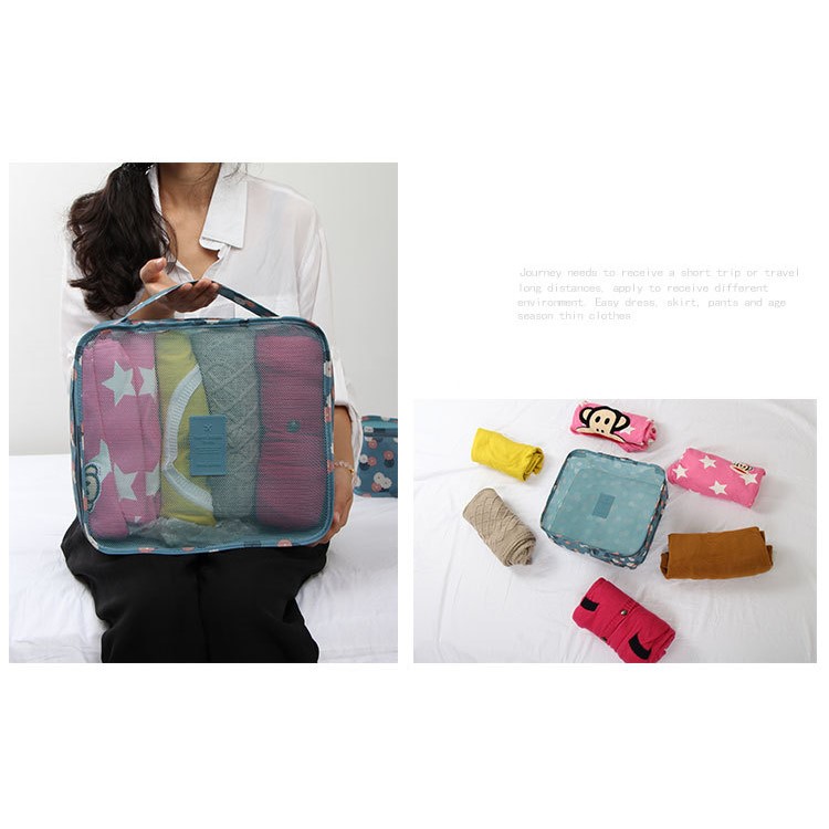 TRAVEL SEASON 6Pcs (3 Cubes 3 Pouches) Travel Essential Storage Bags Organizer - Blue Floral-9
