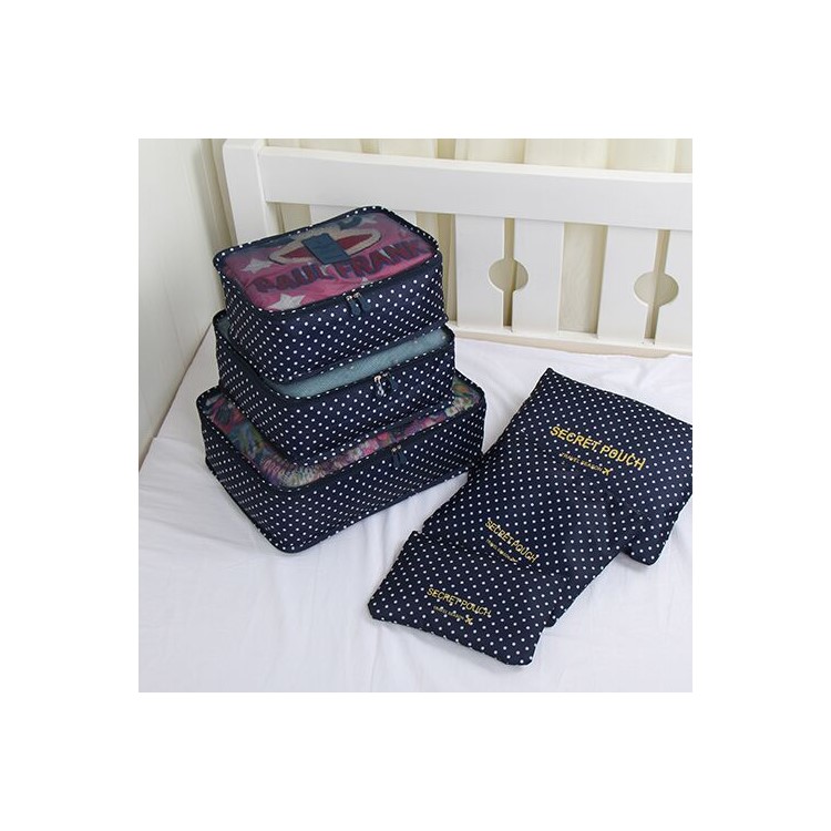 TRAVEL SEASON 6Pcs Set Travel Essential Storage Pouches Bags Organizer - Navy Blue Polka Dots-1