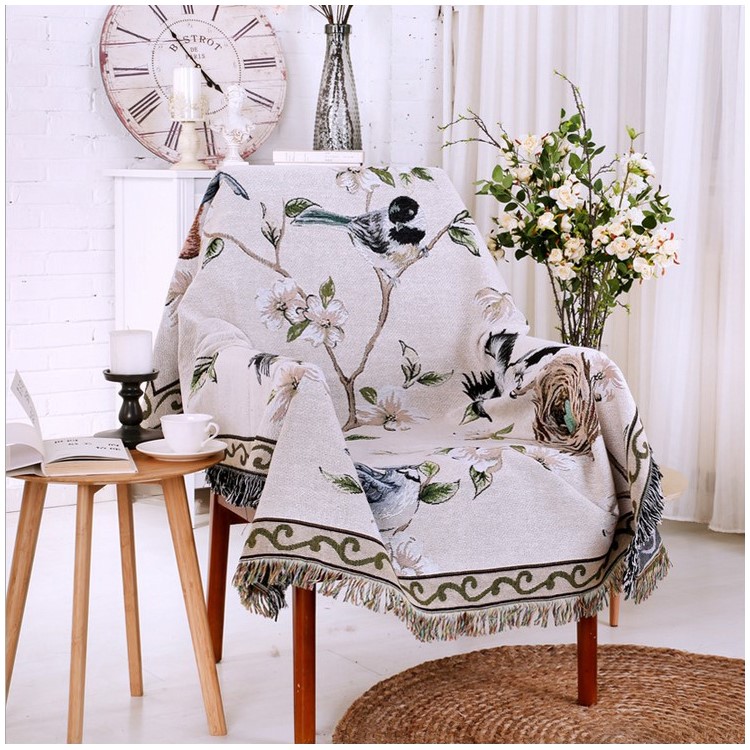 American Village Style Sofa Towel Slipcover Warm Blanket 130 x 160cm - Flowers and Birds-1