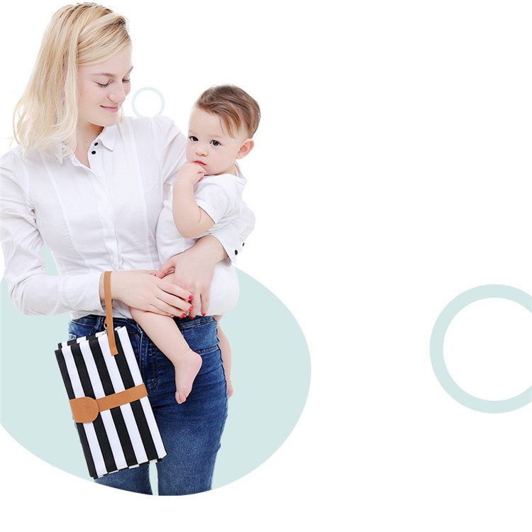 Portable Waterproof Diaper Changing Bag Organizer Mat for Infants with Storage Function - Black and White Stripes-4