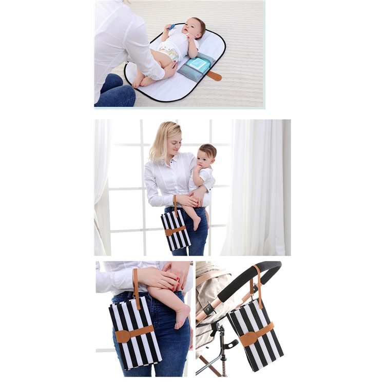 Portable Waterproof Diaper Changing Bag Organizer Mat for Infants with Storage Function - Black and White Stripes-7