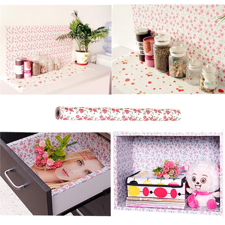 PVC Self-adhensive Drawer Liner Paper Kitchen Oil Sticker Waterproof Cabinets Shelf Moisture-proof Sticker - Red Flower-3