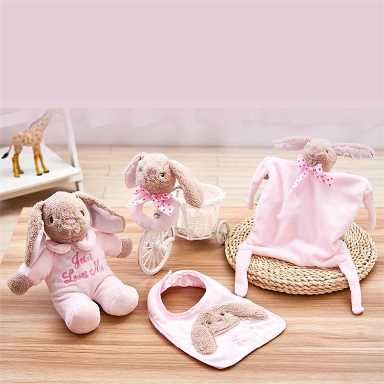 4-in-1 Infant Toy Set Rabbit Plush Music Doll + Appease Towel + Soothing Bell + Bib - Pink-1