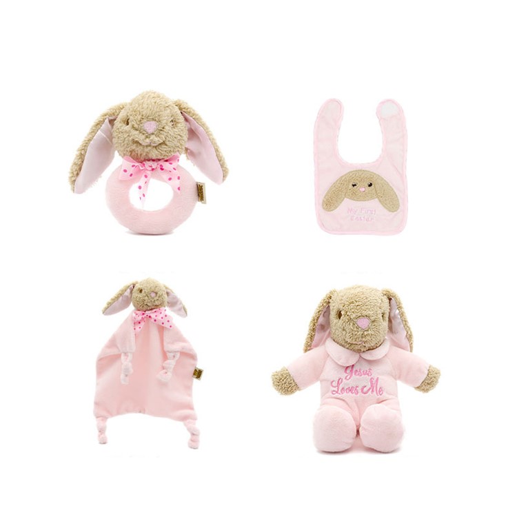 4-in-1 Infant Toy Set Rabbit Plush Music Doll + Appease Towel + Soothing Bell + Bib - Pink-2