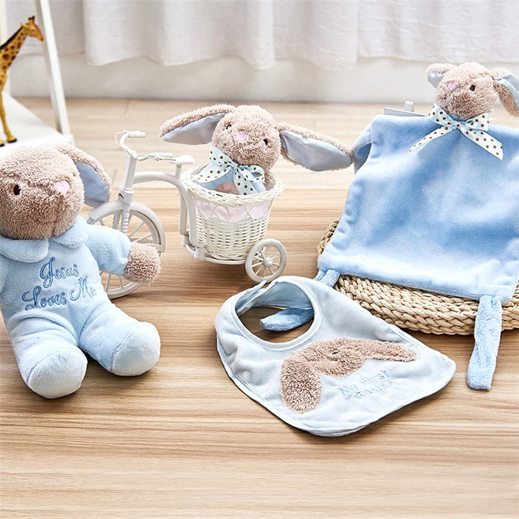 4-in-1 Baby Play Set Rabbit Plush Music Doll + Appease Towel + Soothing Bell + Bib - Blue-1