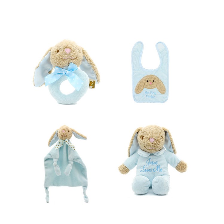 4-in-1 Baby Play Set Rabbit Plush Music Doll + Appease Towel + Soothing Bell + Bib - Blue-2