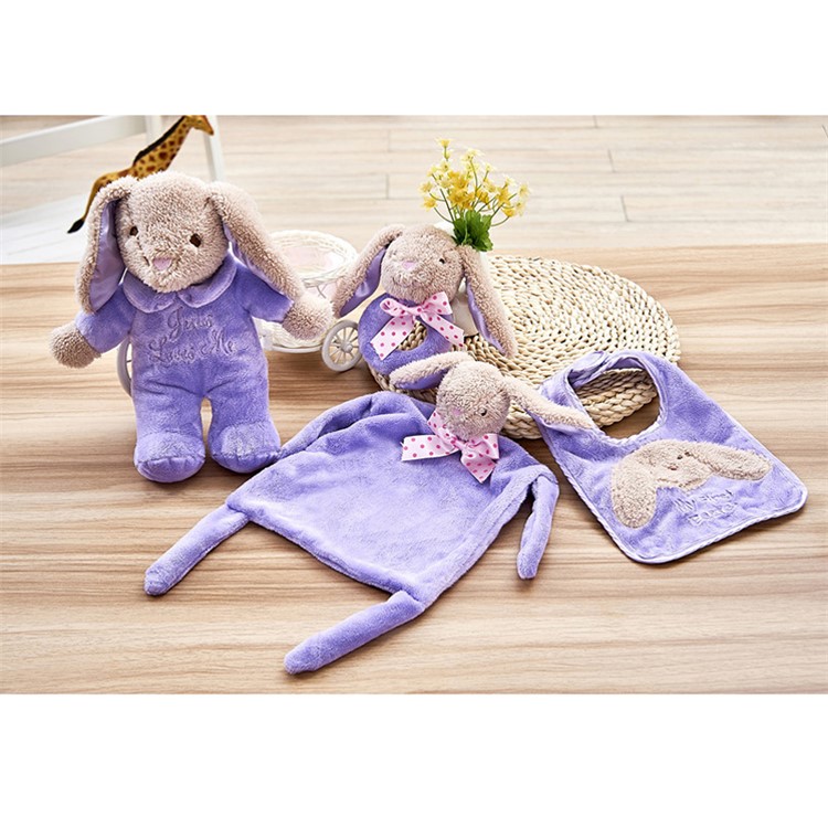 4-in-1 Baby Play Kit Rabbit Plush Music Doll + Appease Towel + Soothing Bell + Bib - Purple-1