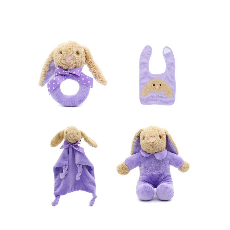 4-in-1 Baby Play Kit Rabbit Plush Music Doll + Appease Towel + Soothing Bell + Bib - Purple-2
