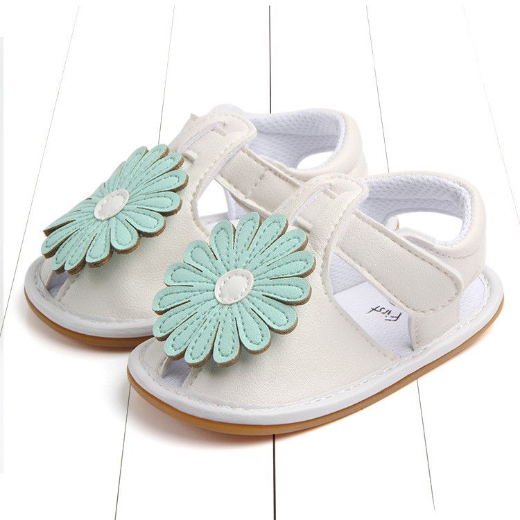 Cute Sunflower Decorated Girls Outdoor Sport Shoes PU Leather Beach Sandals Shoes - Green/White, Size: 12-2