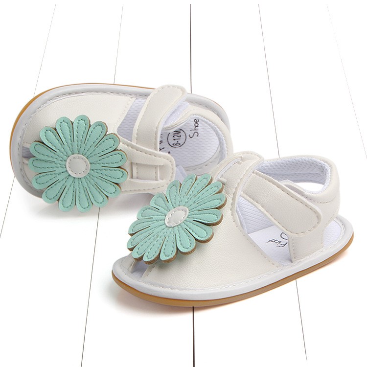 Cute Sunflower Decorated Girls Outdoor Sport Shoes PU Leather Beach Sandals Shoes - Green/White, Size: 12-4