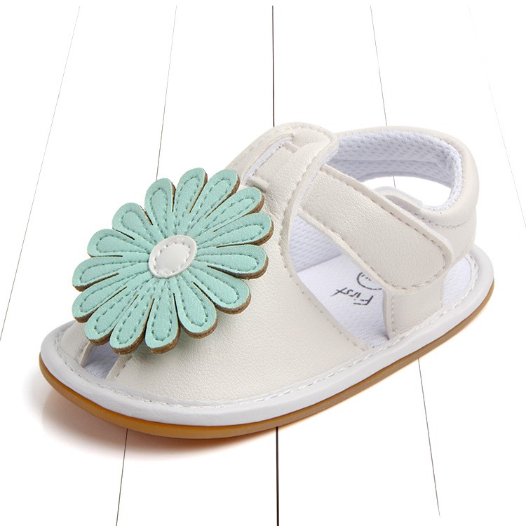 Cute Sunflower Decorated Girls Outdoor Sport Shoes PU Leather Beach Sandals Shoes - Green/White, Size: 12-5