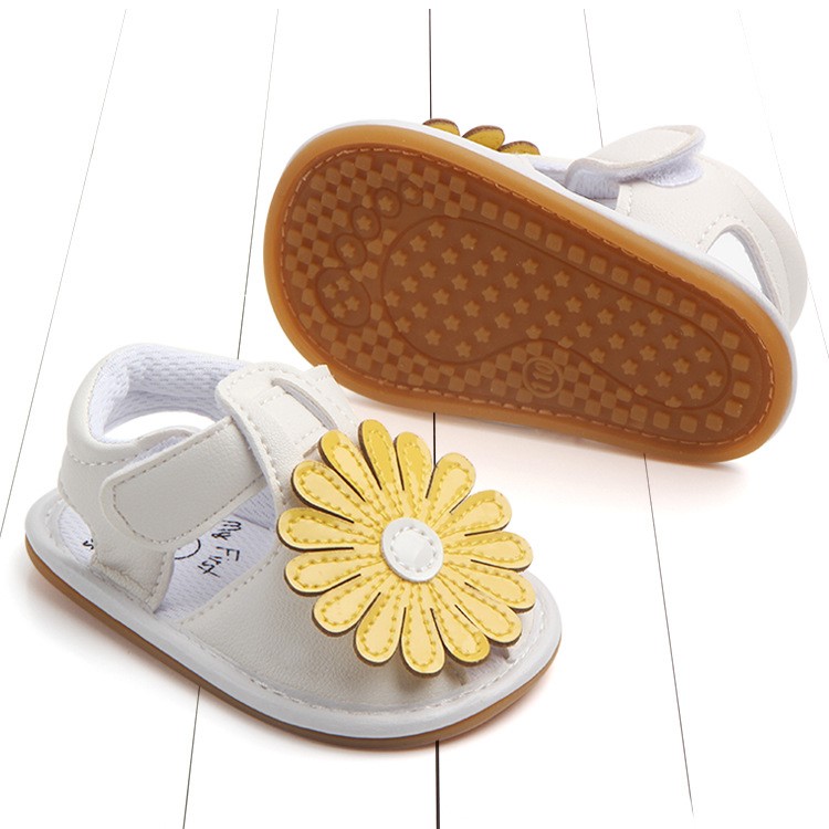 Cute Sunflower Decorated Girls Outdoor Sport Shoes PU Leather Beach Sandals Shoes - Yellow/White, Size: 12-4