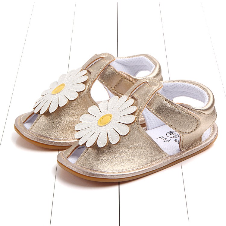Cute Sunflower Decorated Girls Outdoor Sport Shoes PU Leather Beach Sandals Shoes - White/Khaki, Size: 12-1
