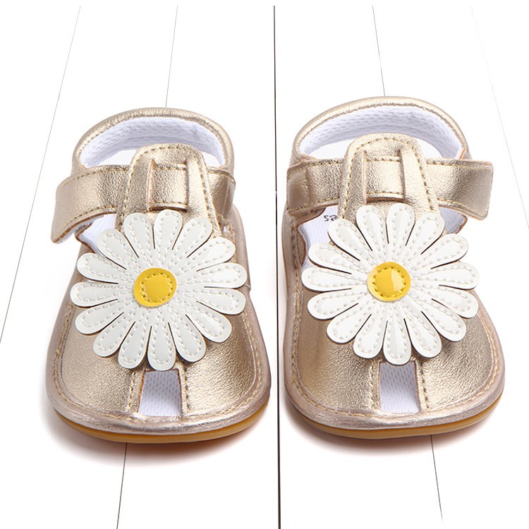 Cute Sunflower Decorated Girls Outdoor Sport Shoes PU Leather Beach Sandals Shoes - White/Khaki, Size: 12-2