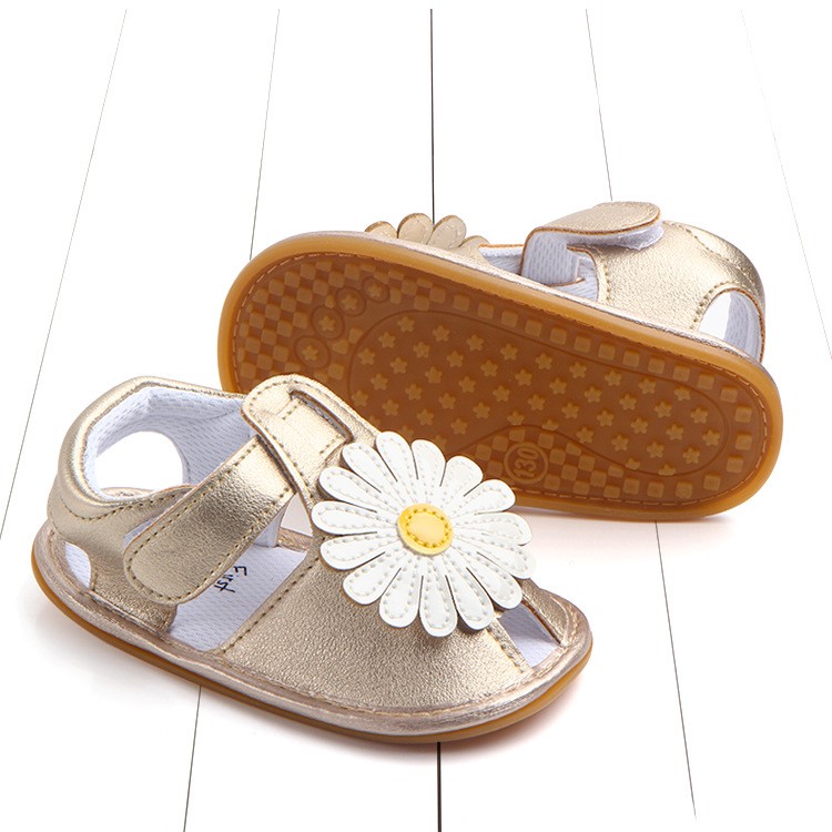 Cute Sunflower Decorated Girls Outdoor Sport Shoes PU Leather Beach Sandals Shoes - White/Khaki, Size: 12-3
