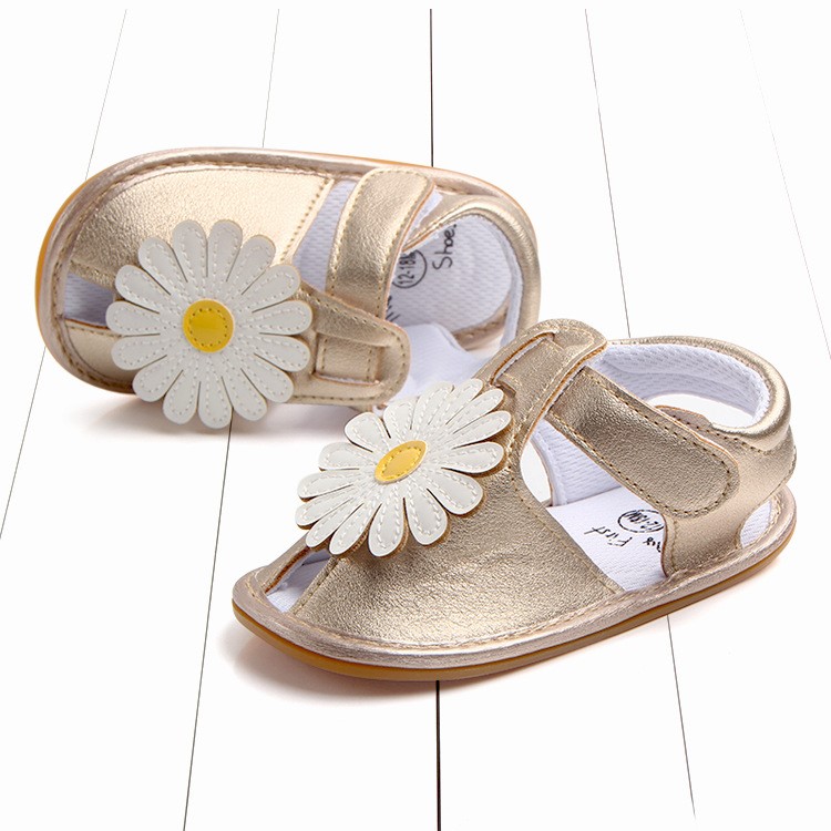 Cute Sunflower Decorated Girls Outdoor Sport Shoes PU Leather Beach Sandals Shoes - White/Khaki, Size: 12-4