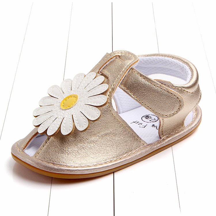 Cute Sunflower Decorated Girls Outdoor Sport Shoes PU Leather Beach Sandals Shoes - White/Khaki, Size: 12-5