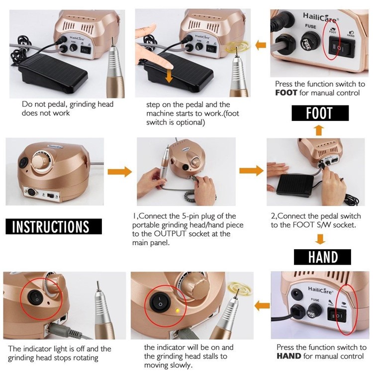 DULCII Electric Nail Drill Manicure Pedicure Nail Art File Polish Machine 30000RPM - Gold / EU Plug-6