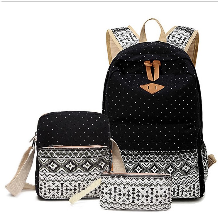 3 in 1 Casual Tribal & Bolso de escuela del morral de la lona de los puntos + mensajero bolsa + maletín - Negro-1