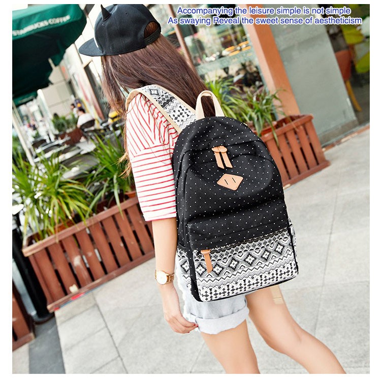 3 in 1 Casual Tribal & Bolso de escuela del morral de la lona de los puntos + mensajero bolsa + maletín - Negro-2