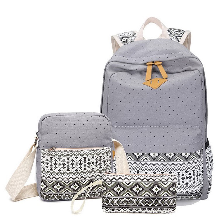 3 in 1 Casual Tribal & Dots Canvas Backpack School Bag + Messenger Bag + Handbag - Grey-1