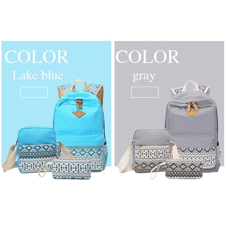 3 in 1 Casual Tribal & Dots Canvas Backpack School Bag + Messenger Bag + Handbag - Grey-2