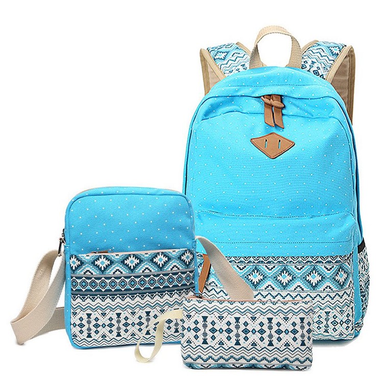 3 in 1 Tribal & Polka Dots Canvas Rucksack Laptop Bag + Messenger Bag + Handbag - Light Blue-1