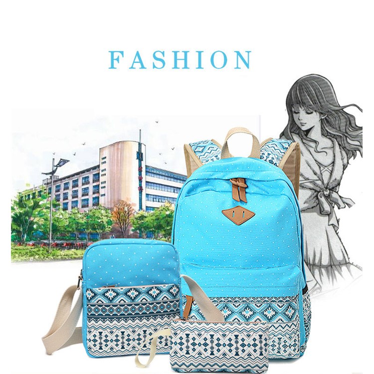3 in 1 Tribal & Polka Dots Canvas Rucksack Laptop Bag + Messenger Bag + Handbag - Light Blue-2