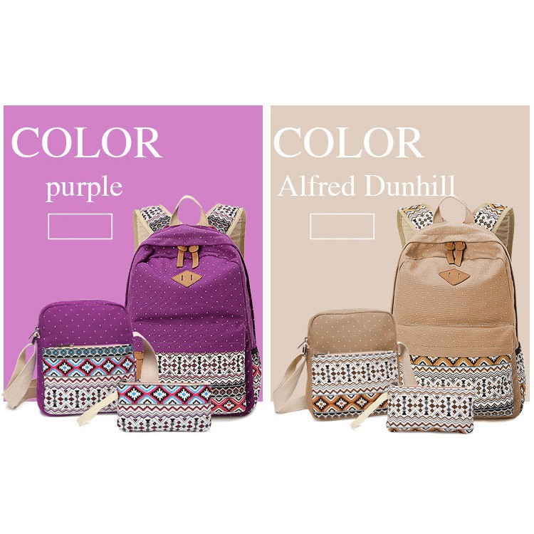 3 in 1 Tribal & Polka Dots Canvas Knapsack Laptop Bag + Messenger Bag + Handbag - Purple-2