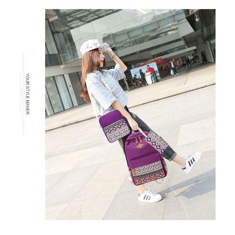 3 in 1 Tribal & Polka Dots Canvas Knapsack Laptop Bag + Messenger Bag + Handbag - Purple-3