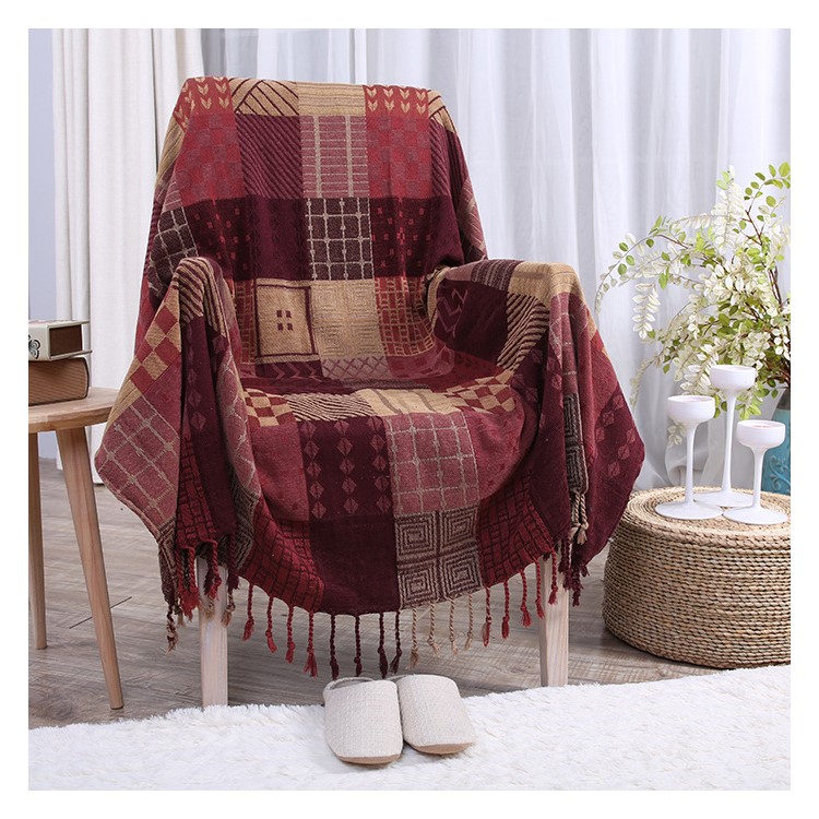 Chenille Sofa Cover Yarn Dyed Tablecloth 150 x 190cm - Reddish Brown Geometric Patterns-1
