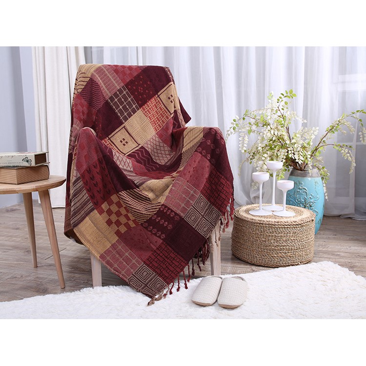 Chenille Sofa Cover Yarn Dyed Tablecloth 150 x 190cm - Reddish Brown Geometric Patterns-2