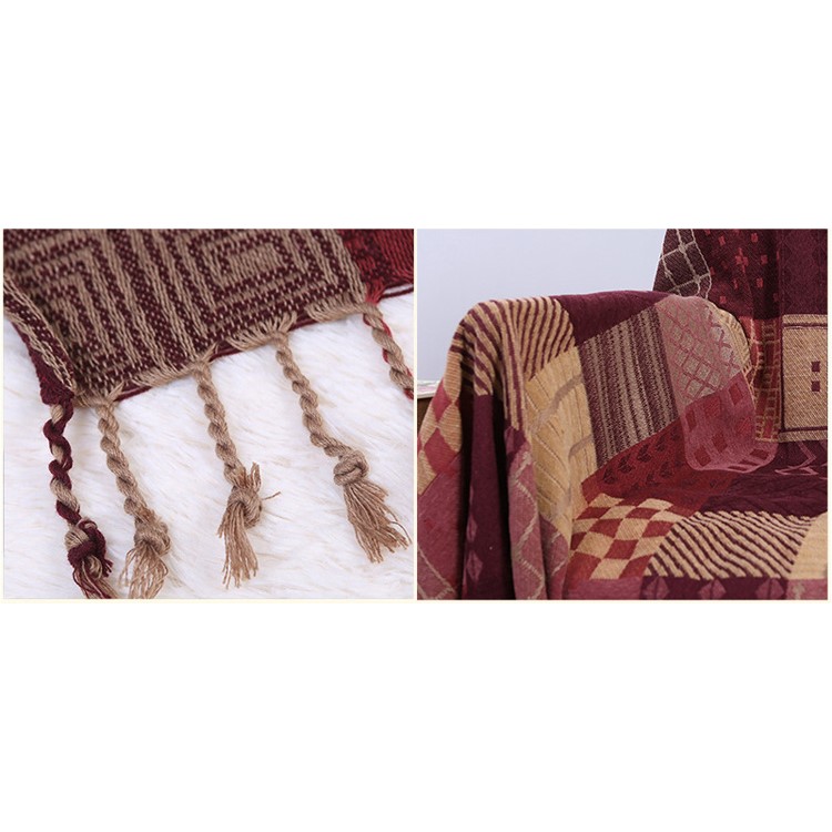 Chenille Sofa Cover Yarn Dyed Tablecloth 150 x 190cm - Reddish Brown Geometric Patterns-6