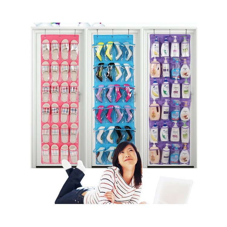 24-Pocket Non-Woven Shoe Storage Bag Over the Door Organizer - Red-3