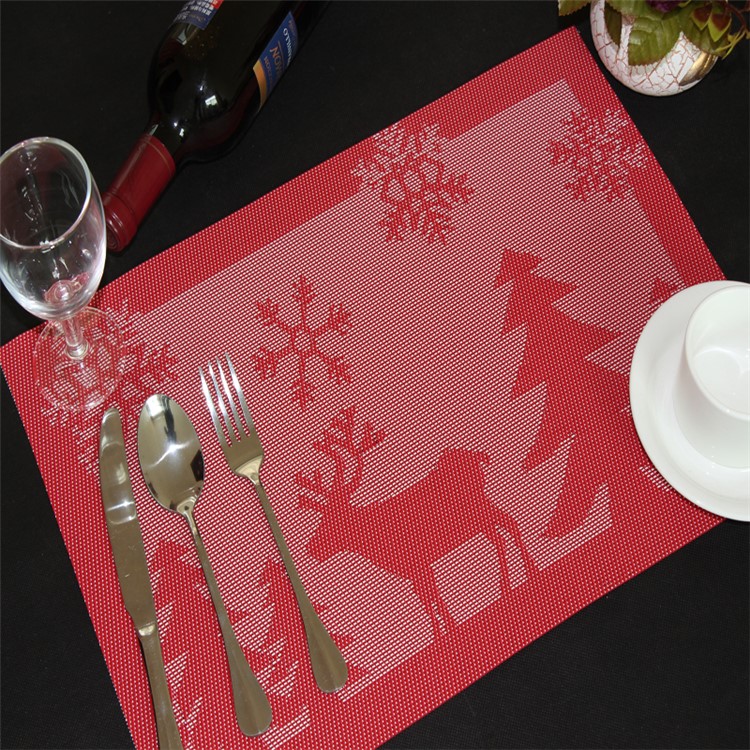 6PCS/Lot Christmas Fawn PVC Placemats for Dining Table Stain-resistant Kitchen Placemat, 45 x 30cm - Red -1