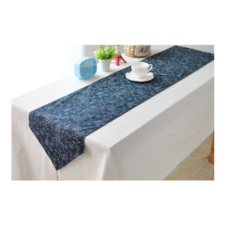 220 x 30cm Cotton Linen Table Runner Flora Pattern Blue Table Top Deco Cover-1