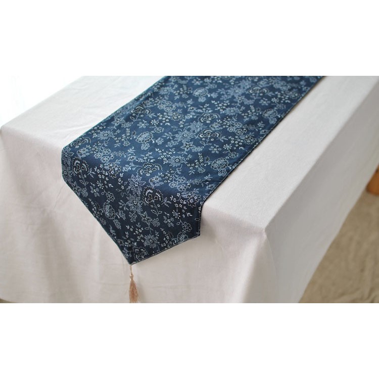220 x 30cm Cotton Linen Table Runner Flora Pattern Blue Table Top Deco Cover-1
