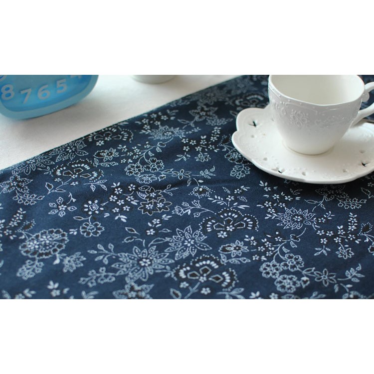220 x 30cm Cotton Linen Table Runner Flora Pattern Blue Table Top Deco Cover-1