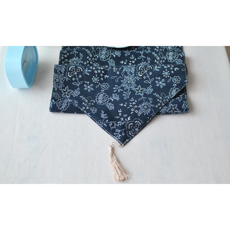 220 x 30cm Cotton Linen Table Runner Flora Pattern Blue Table Top Deco Cover-1