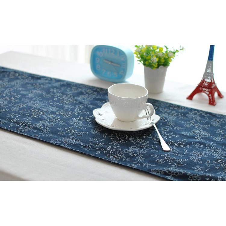 220 x 30cm Cotton Linen Table Runner Flora Pattern Blue Table Top Deco Cover-1