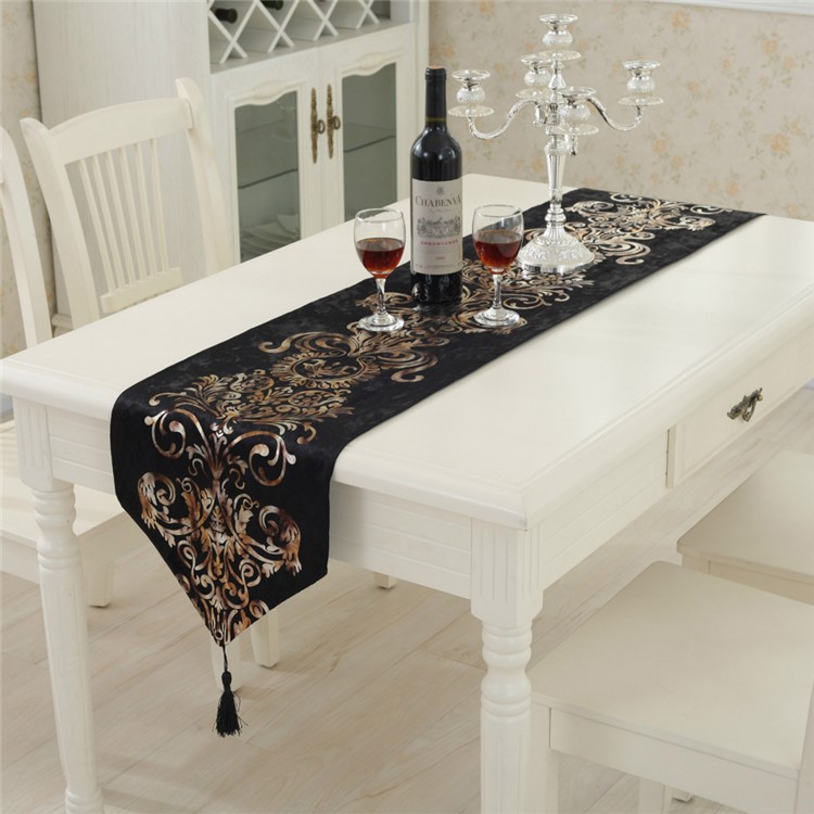 Lacquered Flora Cloth Table Runner Top Cover Decoration 180 x 32cm - Black-1