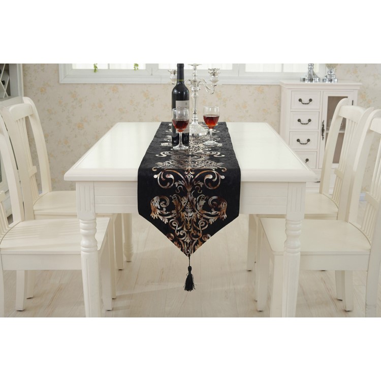 Lacquered Flora Cloth Table Runner Top Cover Decoration 180 x 32cm - Black-1