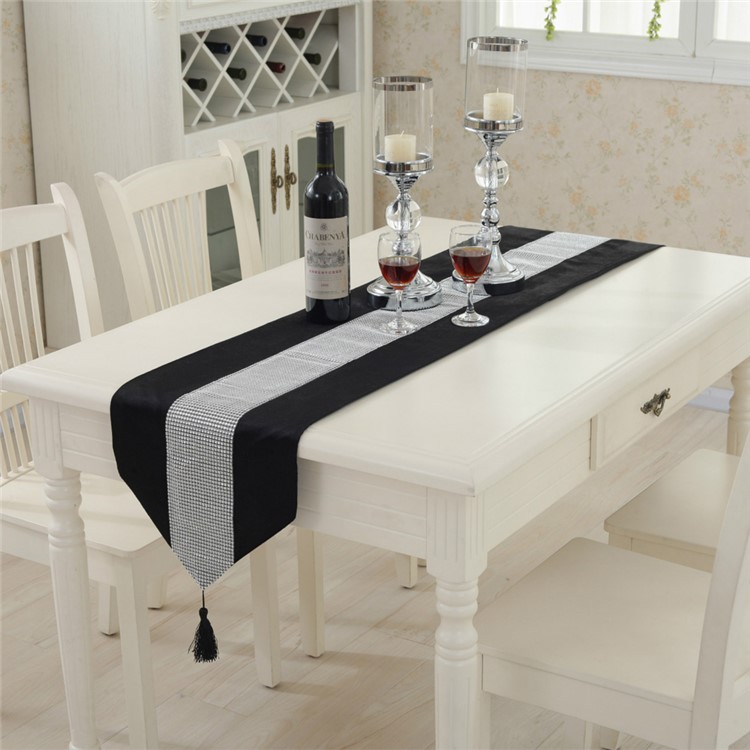 Western Modern Table Runner Tapestry with Diamante Strip and Tassels, Size: 32 x 250 - Black-1