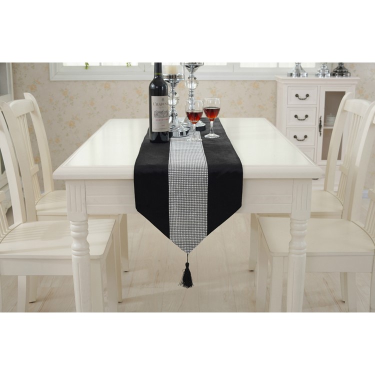 Western Modern Table Runner Tapestry with Diamante Strip and Tassels, Size: 32 x 250 - Black-1