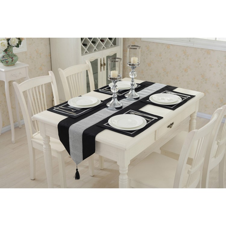 Western Modern Table Runner Tapestry with Diamante Strip and Tassels, Size: 32 x 250 - Black-1