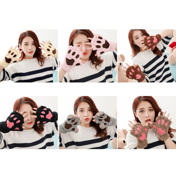 Cat Paw Half Finger Girl Plush Warm Gloves - Black-3