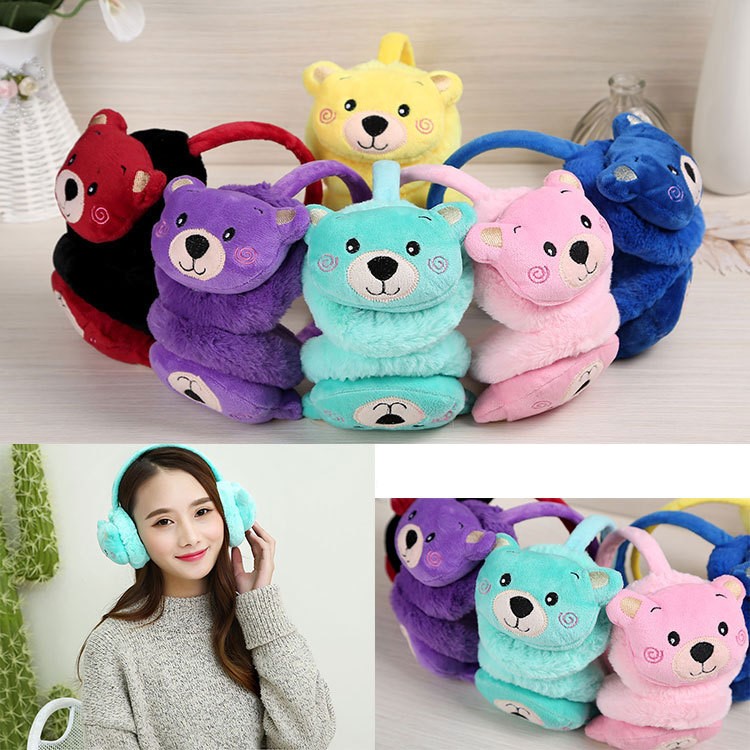 Cute Cartoon Bear Winter Warm Fluffy Earmuffs for Women - Red/Black-3