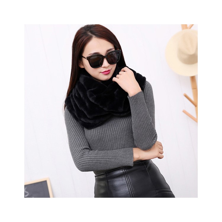 Winter Women Rabbit Fur Soft Neck Scarf - Black-2