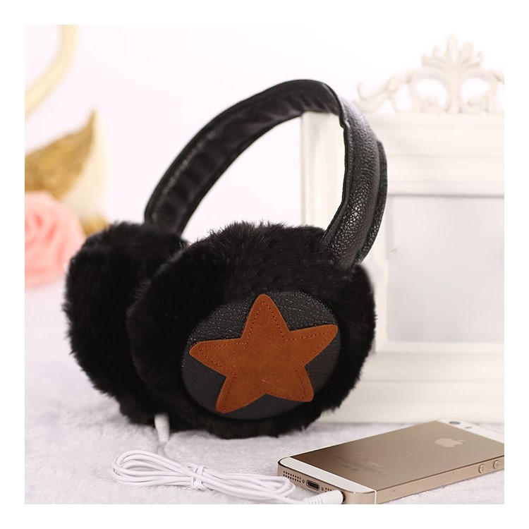 Star Pattern Faux Rabbit Fur Music Headphone Warm Earmuffs - Black-1